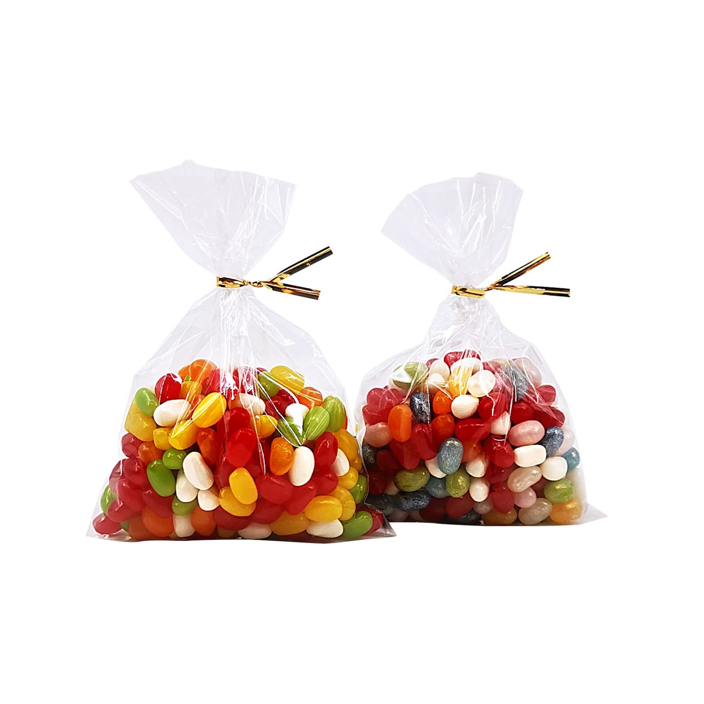 Wowfit 100 CT 5x7 Inch Clear Flat Cellophane Treat Bags with 4” Gold Twist Ties, Cello Packaging for Donuts, Cookies, Candies and Gift Wrapping