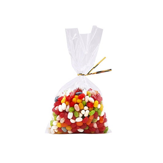 Wowfit 50 CT 6x9 inches Clear Bottom Gusset Cellophane Treat Bags with 6" Gold Twist Ties, Cello Packaging for Candy Wrapping, Cookies, Popcorn and Food Storage