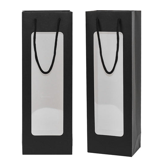 Ssyuysto 12 Pcs Black Wine Gift Bag with Window 4.9" x 3.34" x 14.1" Kraft Paper Wine Bags with Windows Flower Wrapping Bag Transparent Window Bags for Birthday Wedding Party Gift (Black)