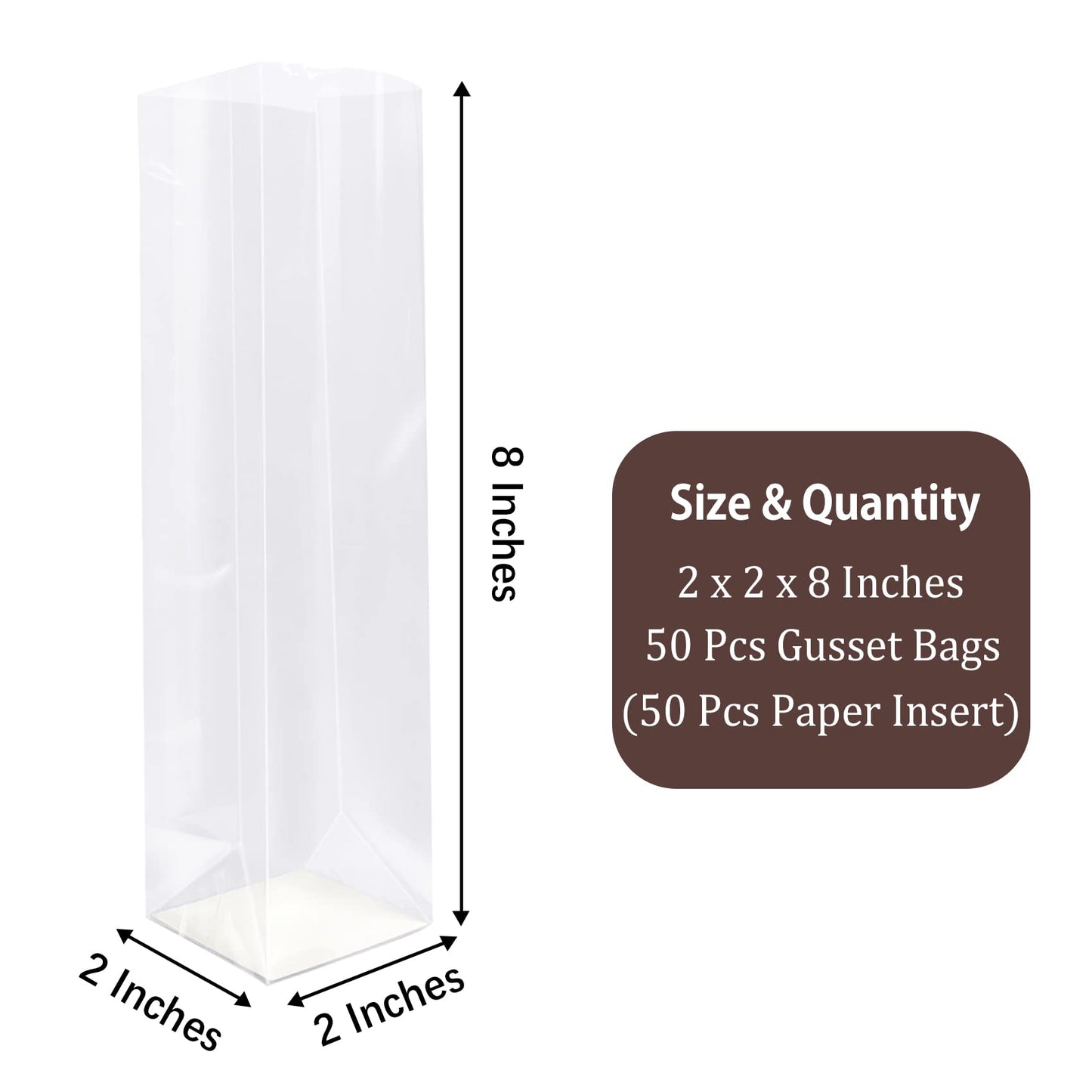 Morepack Gusseted Flat Bottom Cellophane Bags with Paper Insert, 2" x 2" x 8" (50 Pieces)