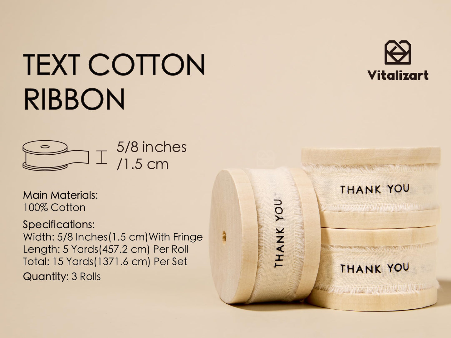 Vitalizart Thank You Cotton Ribbon 5/8 Inch Natural Handmade Frayed Fringe Ribbons 15 Yd for Thanksgiving Day Gift Wrapping Crafts Flower Bouquets Baby Shower Decor