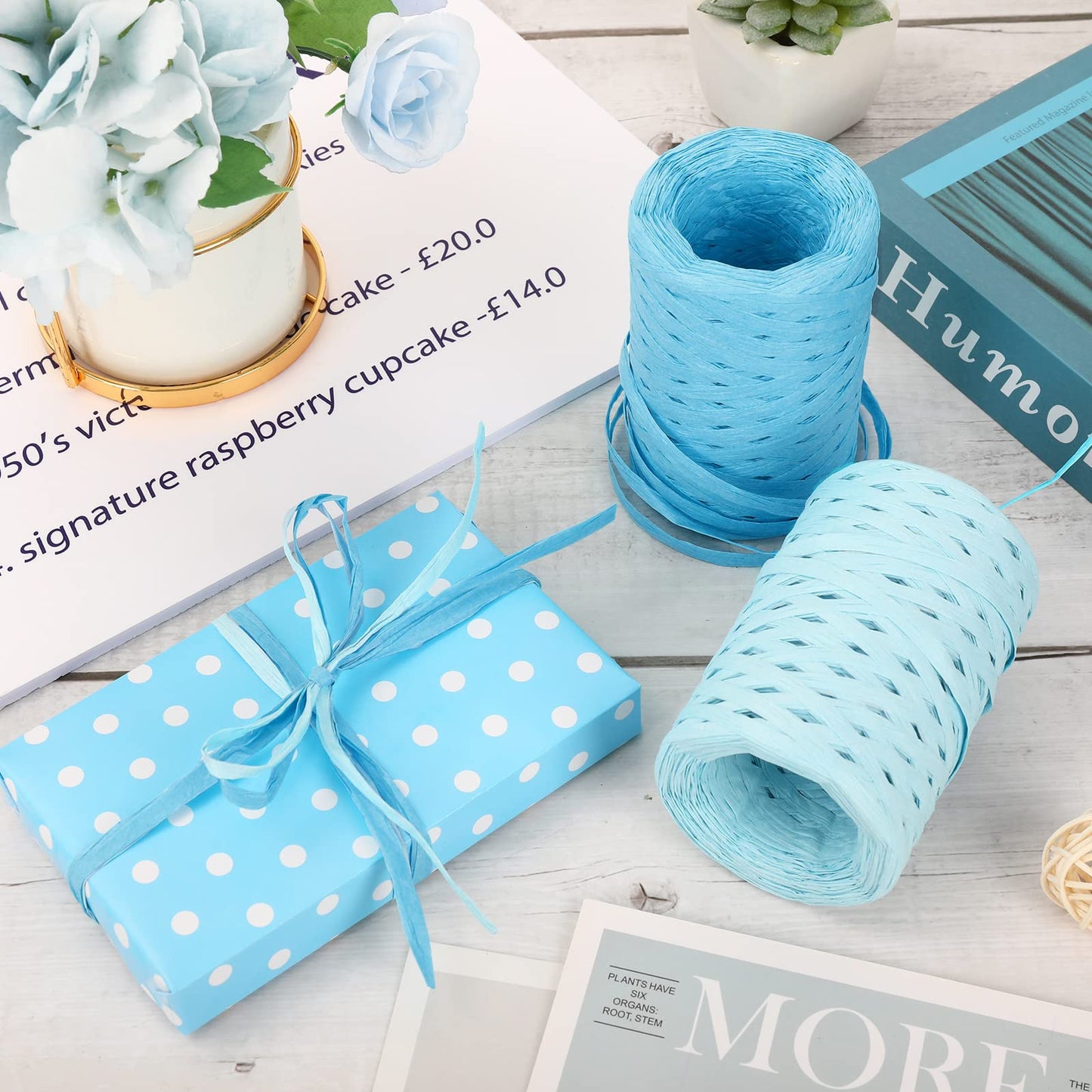 Whaline 984Ft Gradient Blue Raffia Ribbons Blue Series Raffia Paper String Gift Box Packing Rope Colored Paper Twine Wrapping Ribbons for Winter Daily Art Craft DIY Wrapping Cake Cookie Decor, 3 Roll