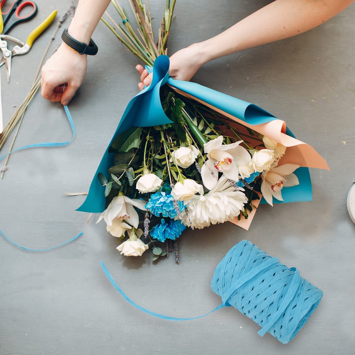 Whaline 984Ft Gradient Blue Raffia Ribbons Blue Series Raffia Paper String Gift Box Packing Rope Colored Paper Twine Wrapping Ribbons for Winter Daily Art Craft DIY Wrapping Cake Cookie Decor, 3 Roll