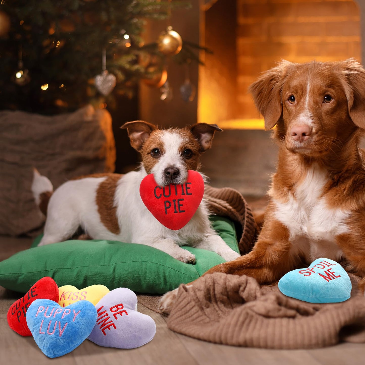 Syhood Set of 6 Valentine's Day Funny Dog Toy Stuffed Plush Squeaky Candy Heart Shaped Toys with Squeaker Dog Valentines Gift for Puppy Valentine, 6 Color, 6" Wide x 6" Tall