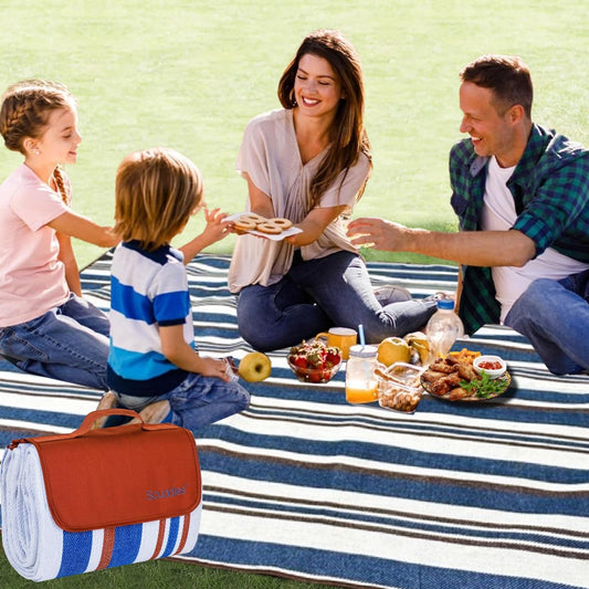 scuddles Extra Large Picnic Blankets Dual Layers Beach Blanket 60 X 60 Water-Resistant Outdoor Picnic Mat Spring Summer Blue and White Striped