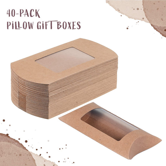 MATICAN Kraft Pillow Gift Boxes with Windows, 5" x 3" x 1.2" (40 Pack)