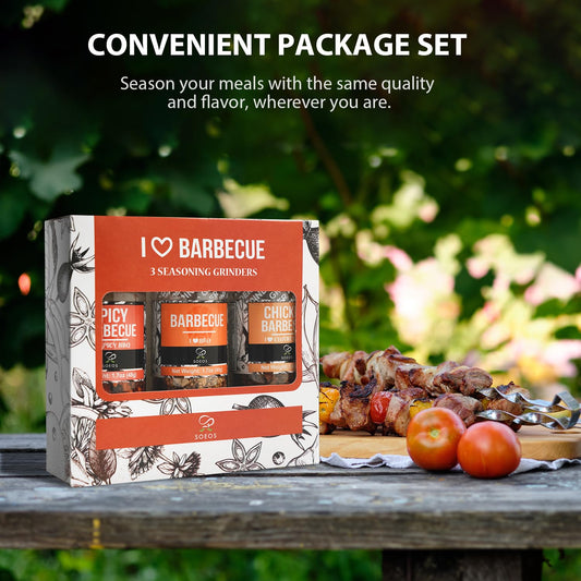 Soeos Spice Seasoning Set of 3, 5.2oz(146g), With Integrated Grinders, Salt and Pepper Grinder Set, Pure and Fresh Perfect for BBQ Seasoning Gift Set, Grilling Spice, Herb, Spice & Seasoning Gifts
