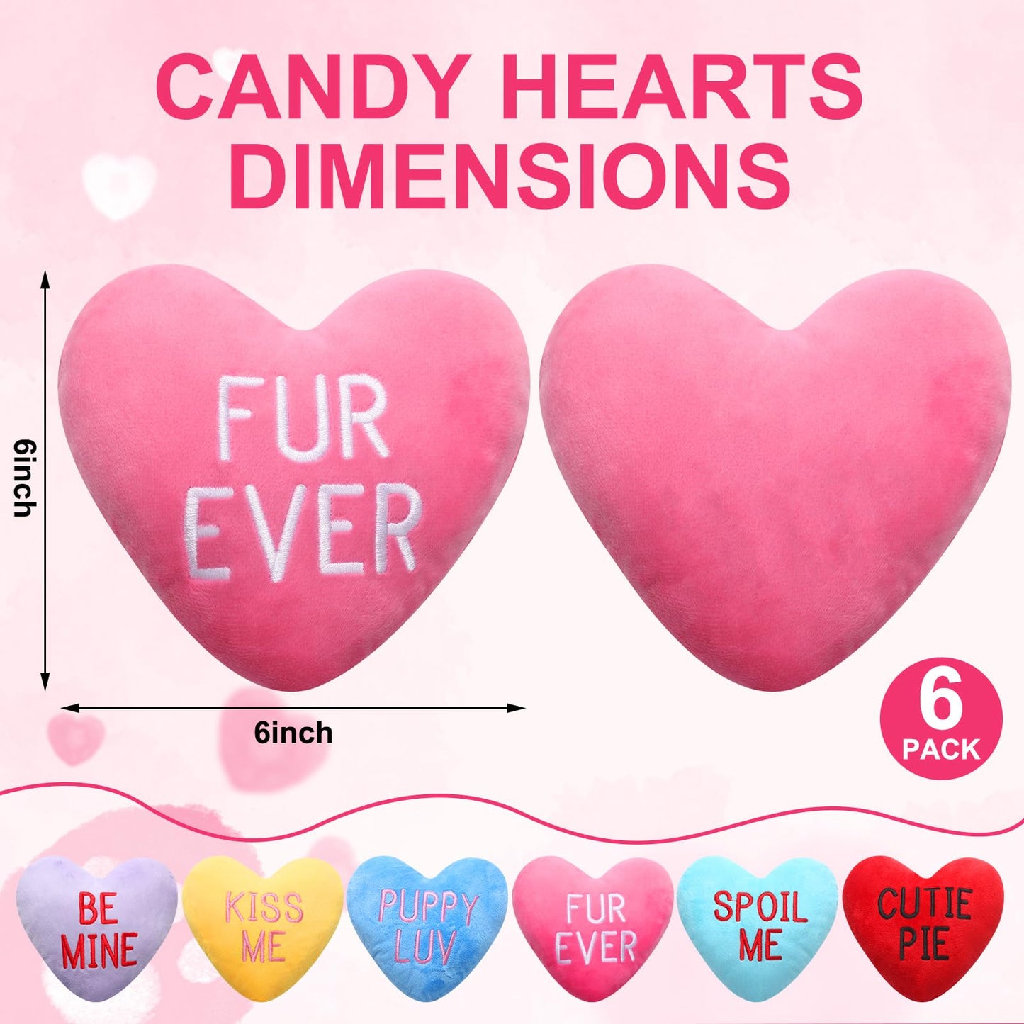 Syhood Set of 6 Valentine's Day Funny Dog Toy Stuffed Plush Squeaky Candy Heart Shaped Toys with Squeaker Dog Valentines Gift for Puppy Valentine, 6 Color, 6" Wide x 6" Tall
