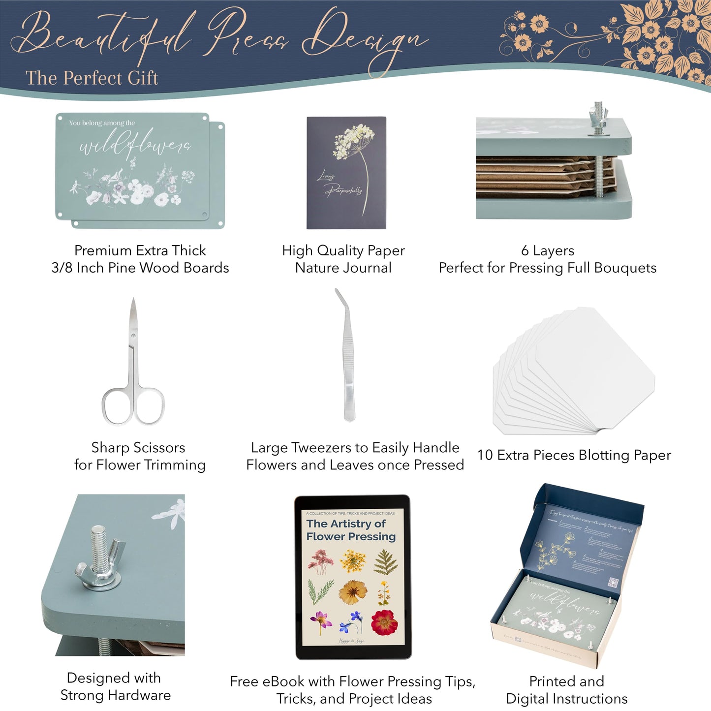 RETIREMENT: Hygge & Sage Extra Large Wooden Flower Press Artistry Kit with Nature Journal