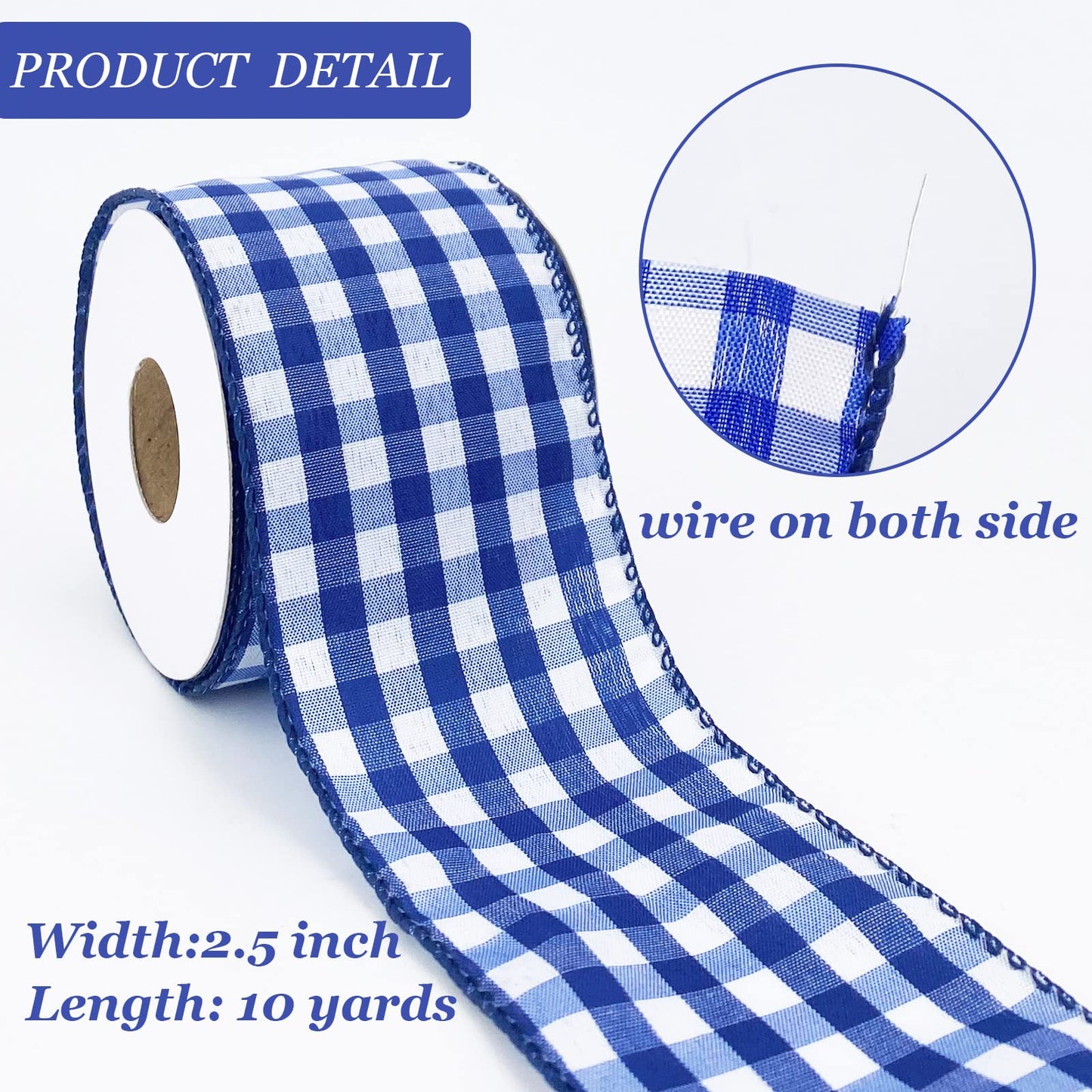 Leecogo Royal Blue and White Buffalo Check Plaid Wired Ribbon, 2 1/2" x 10 Yard