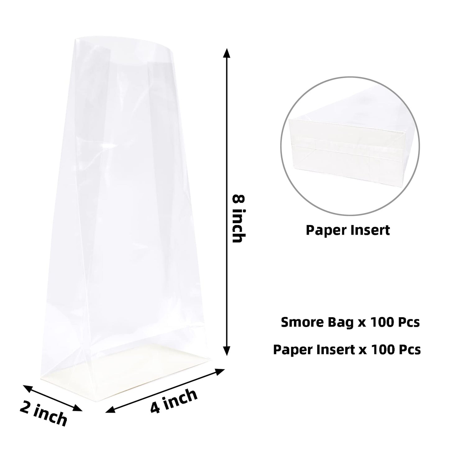 Yotelab Smores Bags, Flat Bottom Cellophane Bags, 4x2x8 Inches Gusseted Cellophane Bags With Paper Insert,100 Pieces