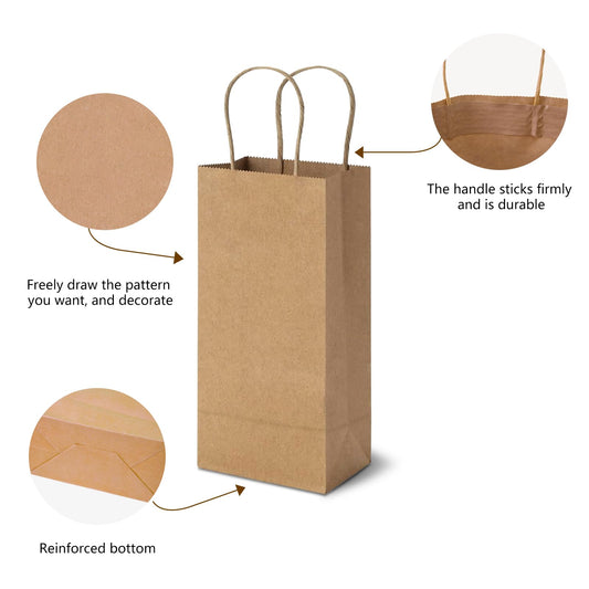 TOWRAP Wine Bottle Gift Bags 25Pcs 5.25 x 3.25 x 13 Inch Brown Kraft Paper Bags With Handles Bulk, Party Bags, Retail Bags, Merchandise Bags