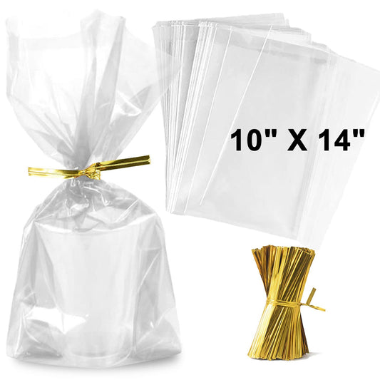 Zcintert Clear Cello Cellophane Treat Bags, 100 Pcs - 10" x 14"(2mils), Plastic Gift Bags for Candy, Party Favor, Cookies, Candies Packaging, with 4” Twist Ties