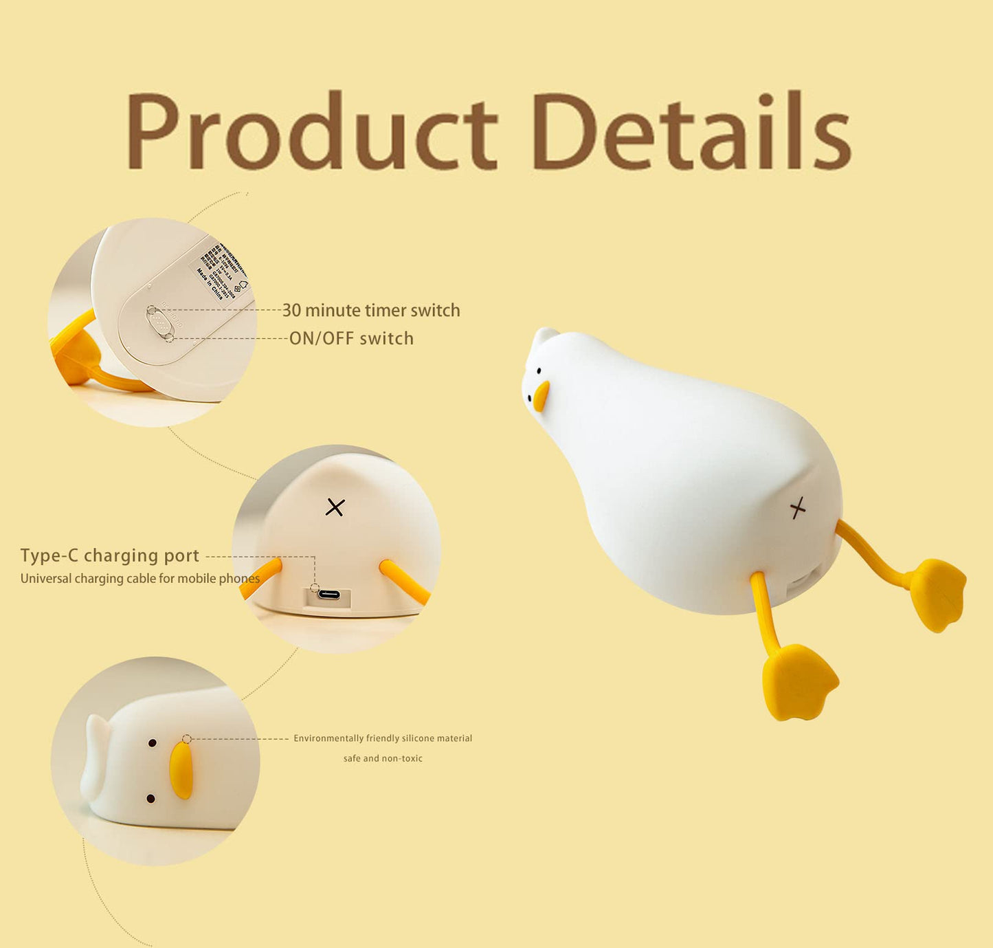 NEW BABY: Lying Flat Duck, 3 Level Dimmable Nursery Nightlight