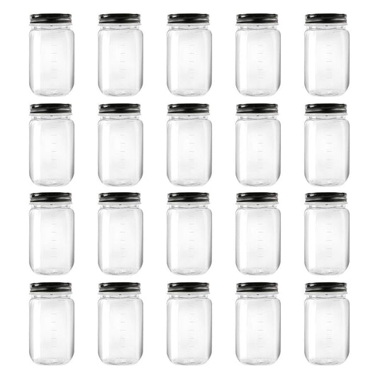 Novelinks 16 Oz Clear Plastic Mason Jars with Black Lids (20 Pack)