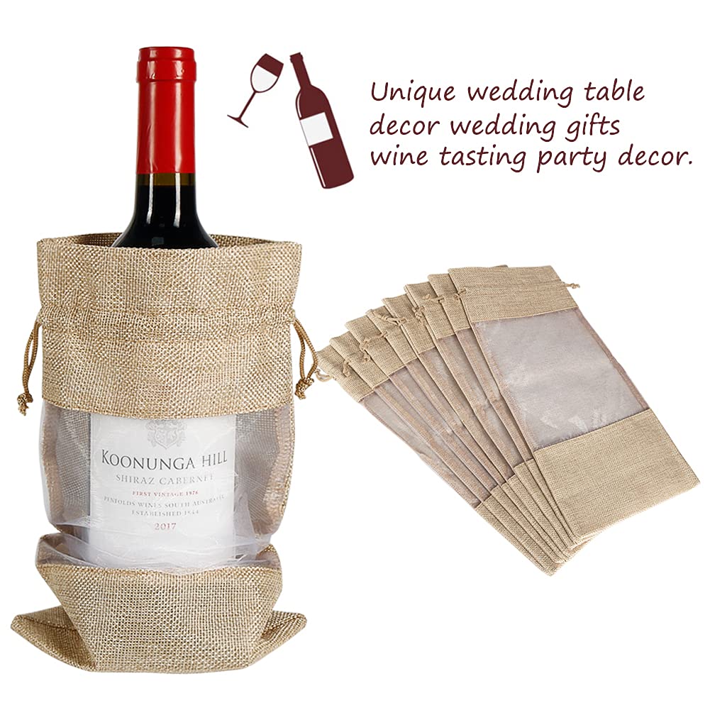 Burlap Drawstring Wine Bottle Gift Bags with Sheer Window (10 Pieces)