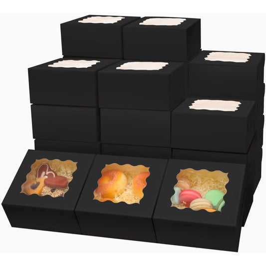 Bakepacker 6" x 6" x 3" Black Bakery Boxes with Window (60 Pack)