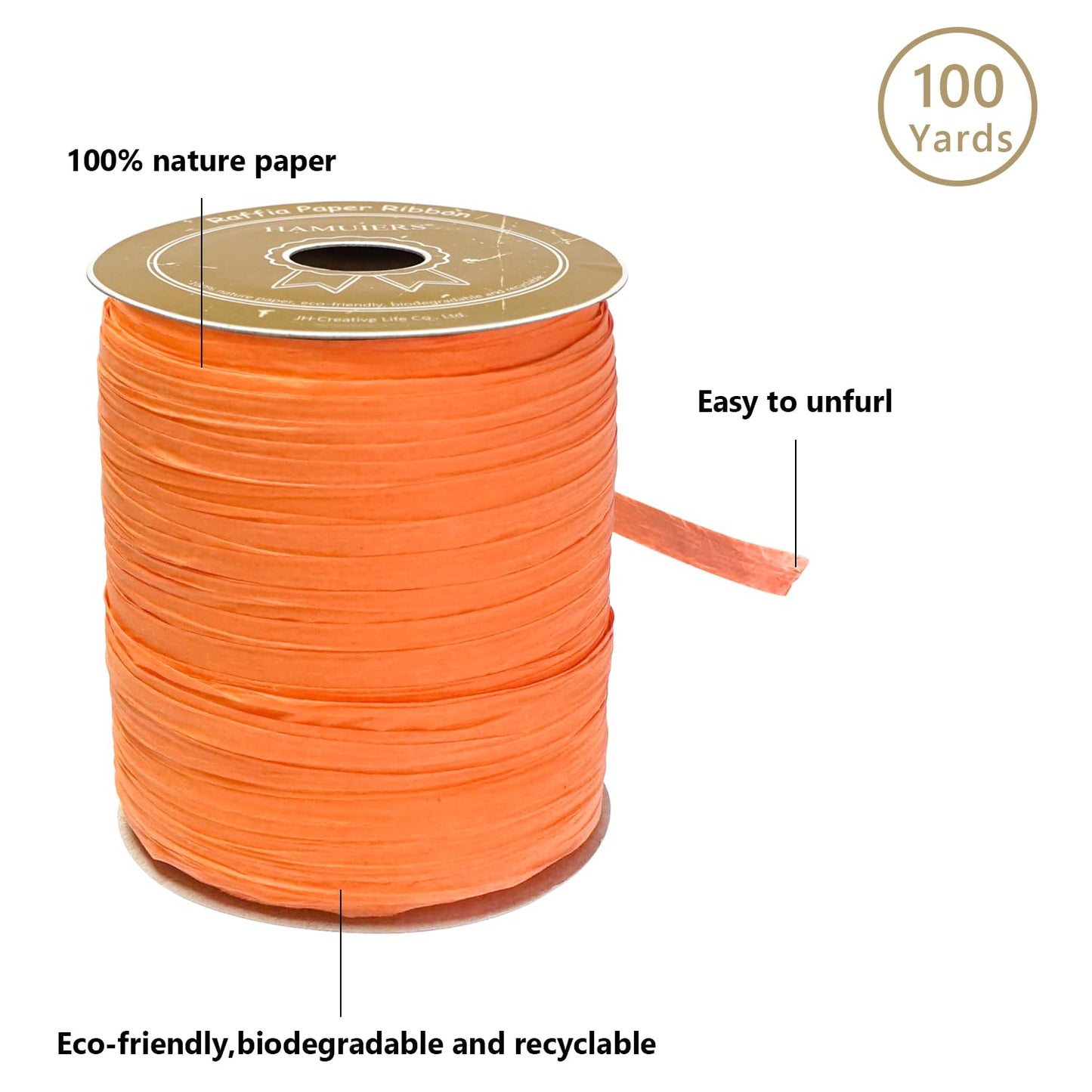 HAMUIERS Orange Raffia Ribbon, 1/4'' Wide, 100 Yards