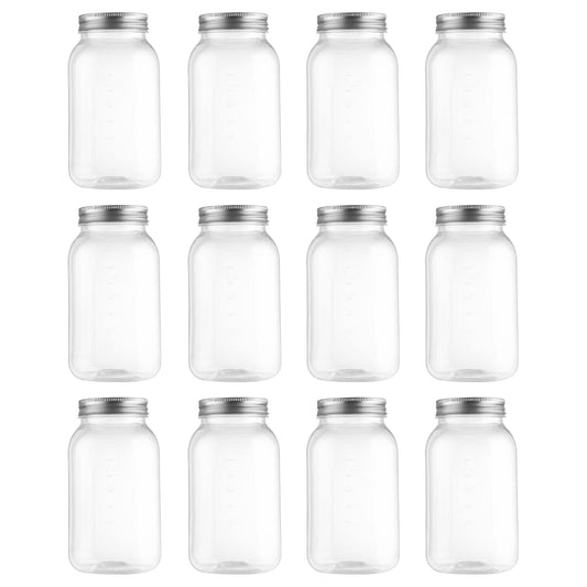 Novelinks 32 Oz Clear Plastic Mason Jars with Silver Lids (12 Pack)