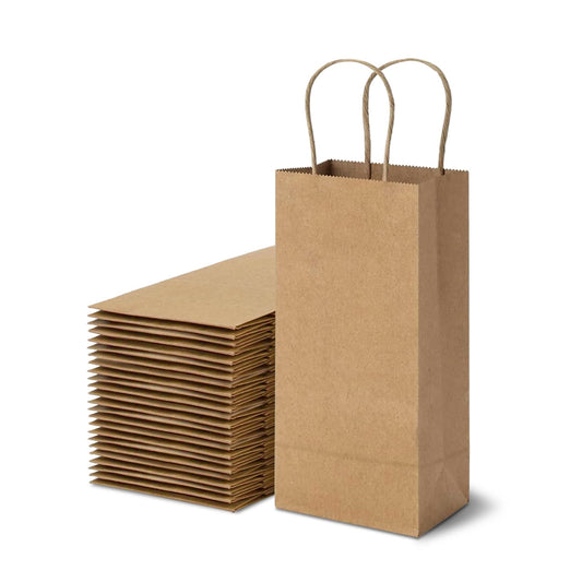 TOWRAP Wine Bottle Gift Bags 25Pcs 5.25 x 3.25 x 13 Inch Brown Kraft Paper Bags With Handles Bulk, Party Bags, Retail Bags, Merchandise Bags