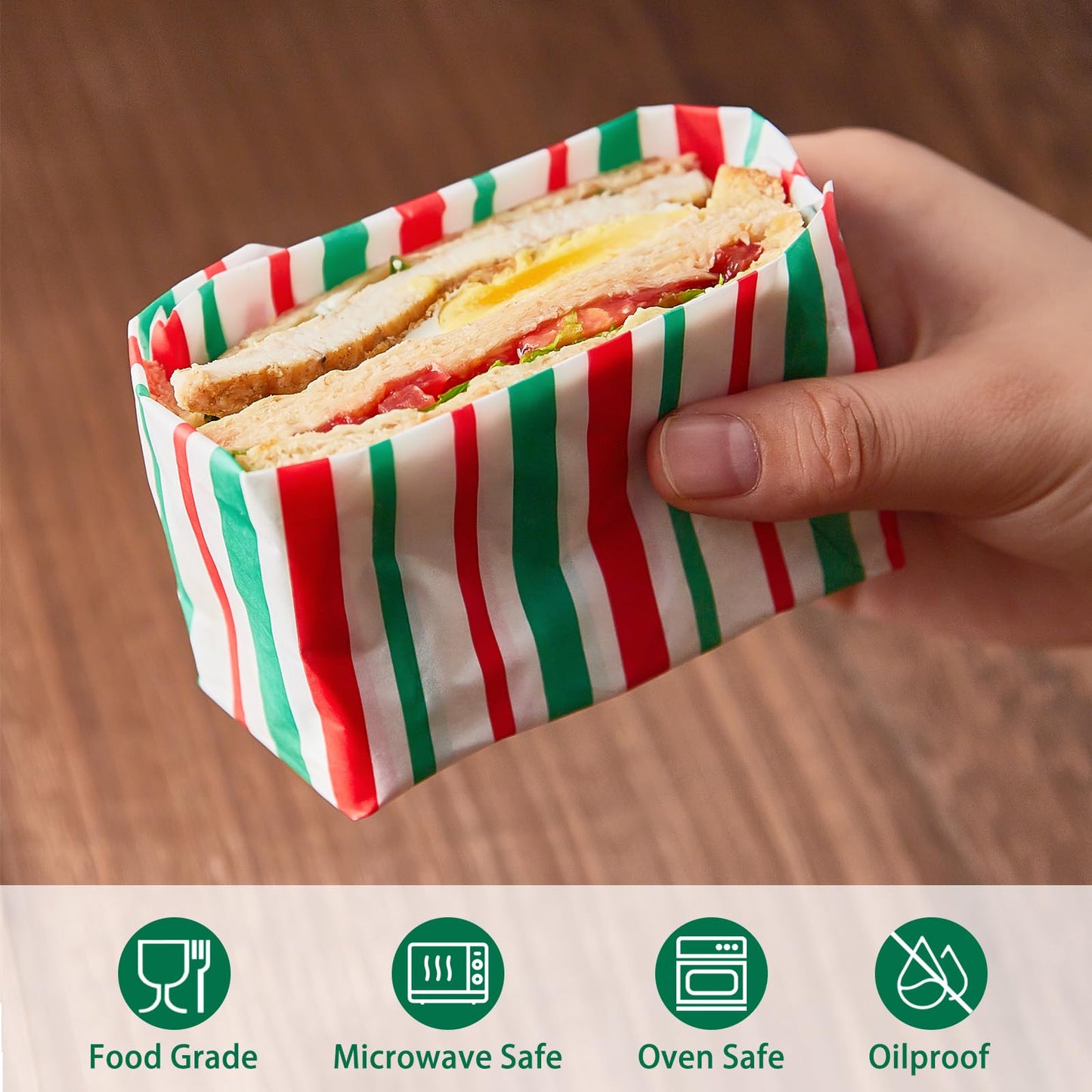 Zezzxu 100 Sheets Christmas Wax Paper - Red and Green Stripe Xmas Deli Food Wrapping Paper Grease Resistant Basket Liners for Sandwich, Candy, Cookie (9.8 x 8.5 Inches)