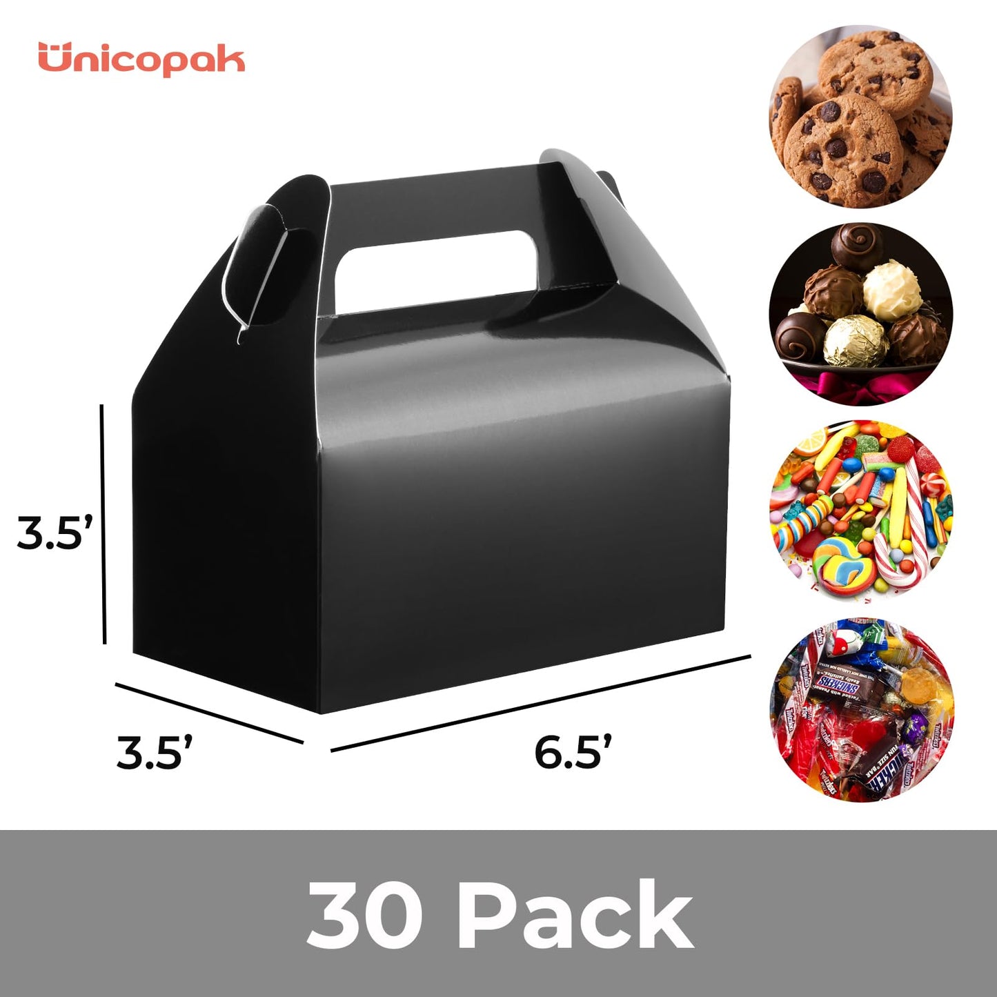 UnicoPak 30 Pack Black Gable Treat Boxes, Party Favor Boxes, Gift Boxes for Kids, for Snacks, Candy, Toys, Birthday Party, Wedding, Halloween, Christmas – 6.5x3.5x3.5 Inches