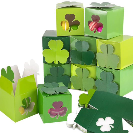 Whaline 24Pcs St. Patrick's Day Treat Boxes 3 Green Color Cardboard Box with Shamrock Shape Window for Irish Spring Goodie Cookie Candy Sweet Party Favors