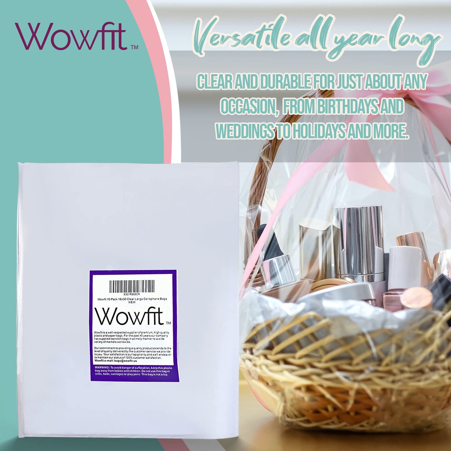 Wowfit Cello Bags,10 CT 18x30 inches Clear Cellophane Bags Perfect for Gift Baskets, Presents, Weddings, Bridal/Baby Showers and More (Flat, No Gusset, Ribbon Not included)