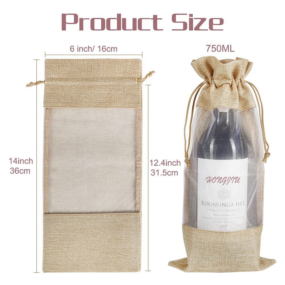 Burlap Drawstring Wine Bottle Gift Bags with Sheer Window (10 Pieces)