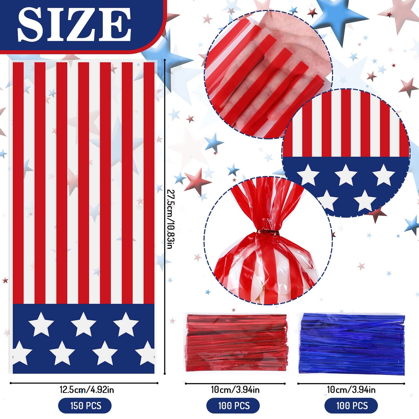 Whaline 150Pcs Patriotic Cello Candy Bags 4th of July Stars Stripes Cellophane Bags with Twist Tie American Flag Party Candy Goodie Treat Bag for Independence Day Memorial Day Party Favor Supplies