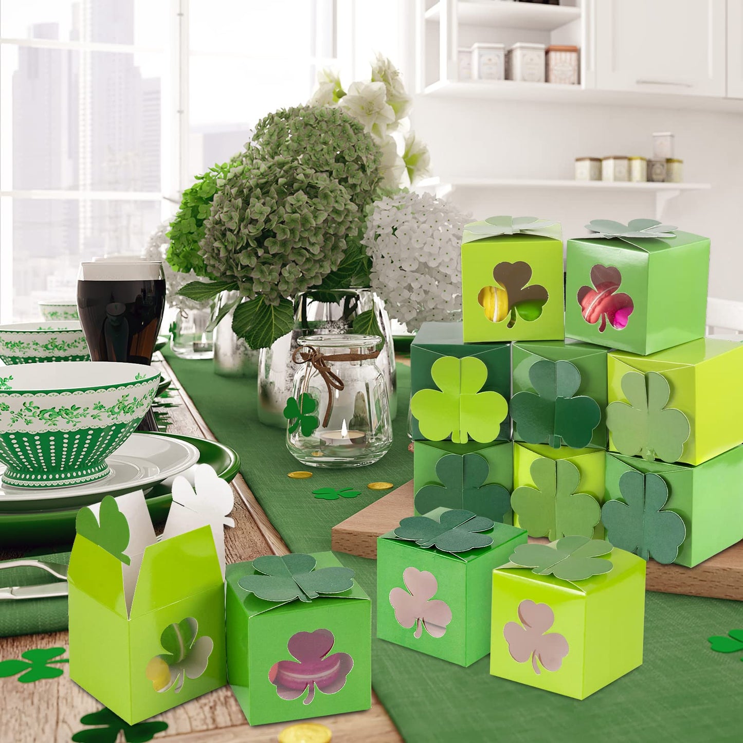 Whaline 24Pcs St. Patrick's Day Treat Boxes 3 Green Color Cardboard Box with Shamrock Shape Window for Irish Spring Goodie Cookie Candy Sweet Party Favors