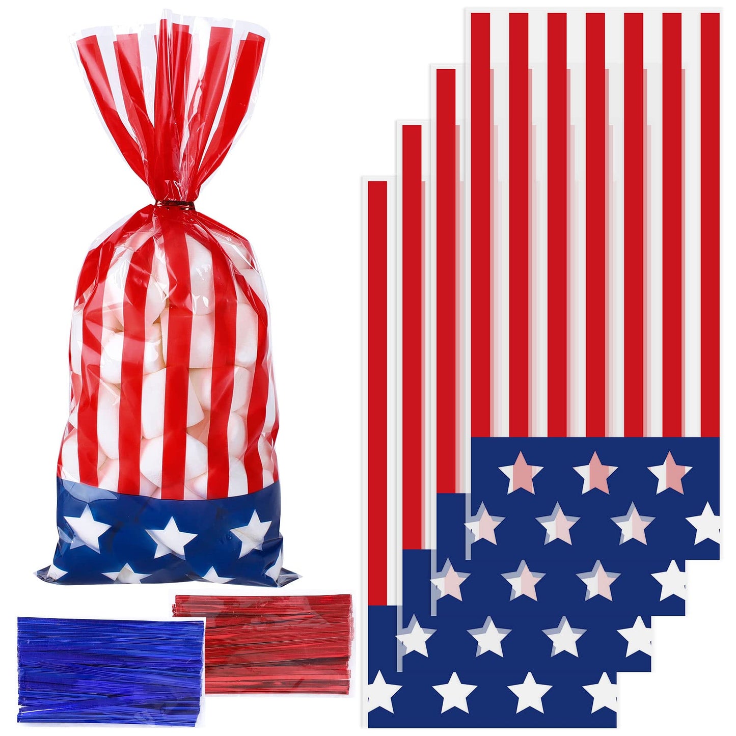 Whaline 150Pcs Patriotic Cello Candy Bags 4th of July Stars Stripes Cellophane Bags with Twist Tie American Flag Party Candy Goodie Treat Bag for Independence Day Memorial Day Party Favor Supplies