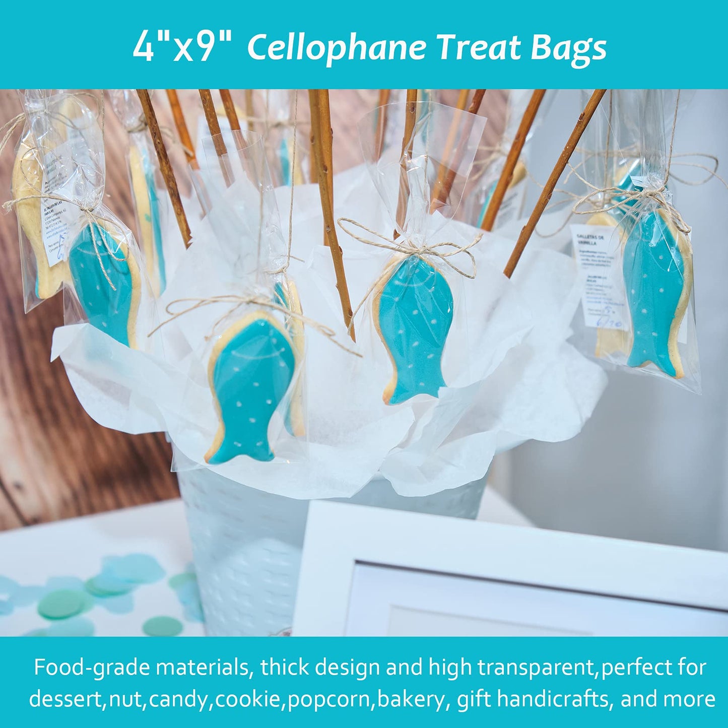 Yotelab Cellophane Treat Bags, 4x9 Inches Clear Cellophane Bags With Twist Ties,100 Pcs