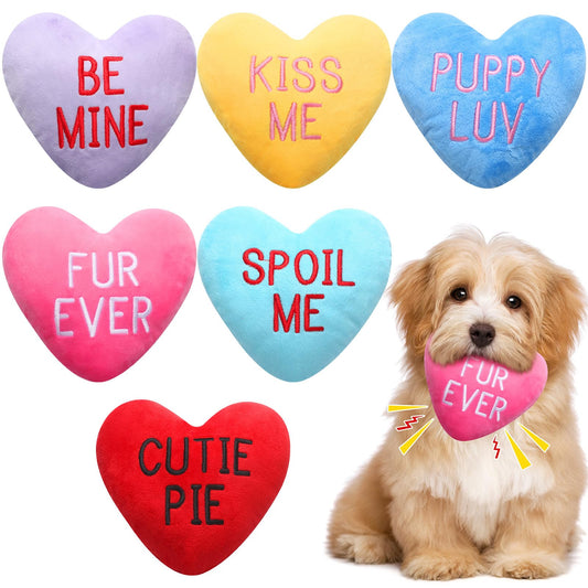 Syhood Set of 6 Valentine's Day Funny Dog Toy Stuffed Plush Squeaky Candy Heart Shaped Toys with Squeaker Dog Valentines Gift for Puppy Valentine, 6 Color, 6" Wide x 6" Tall