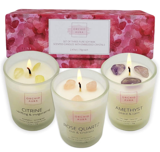 ORCHID AURA Soy Candles with Healing Crystals (3 Piece Set)