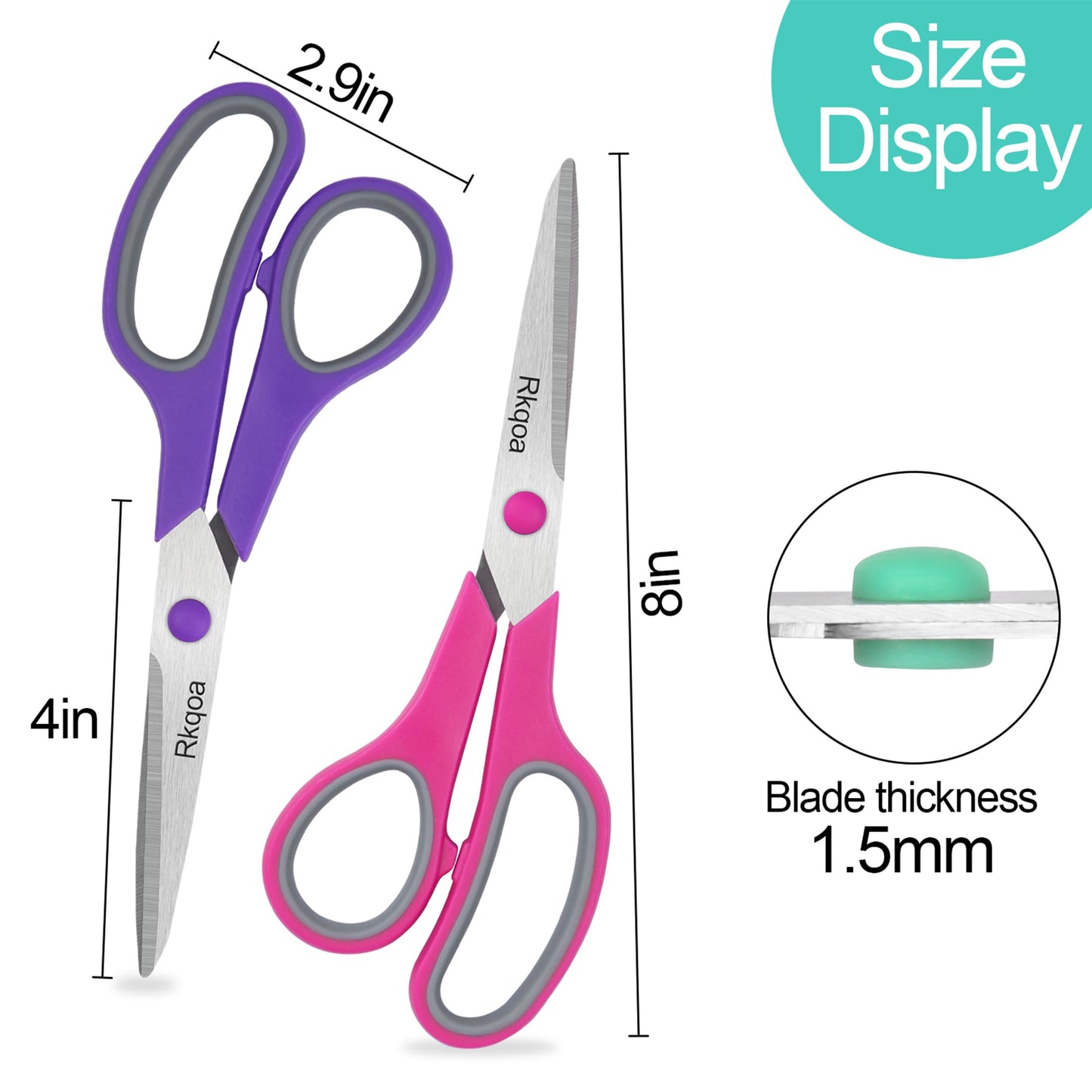 White Scissors, Rkqoa 8" All Purpose Scissors Pack of 6 - High Performance and Designed for Everyday use, Stainless Steel Scissors with Comfort Grip, Right/Left Handed