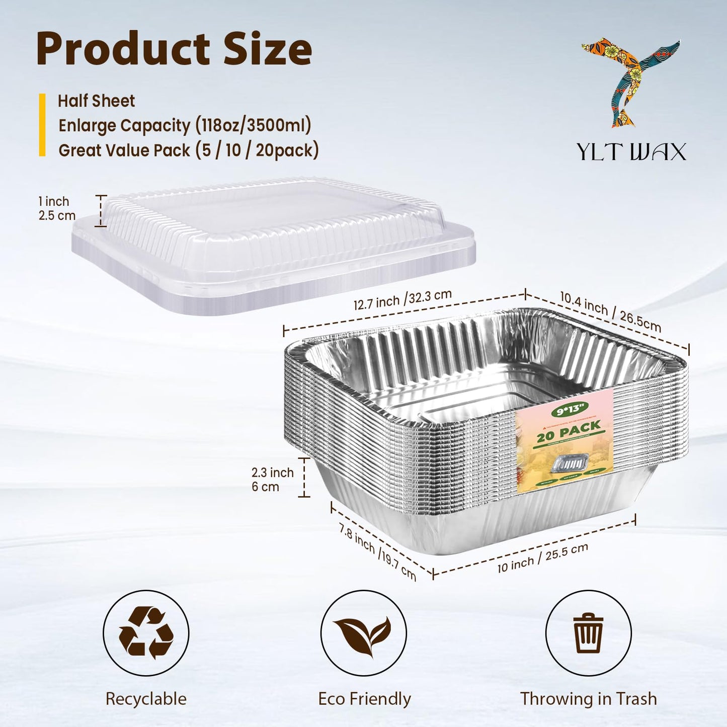 YLT WAX 9x13 Disposable Aluminum Pans With Lids 20 Pack, Half Size Deep Extra Heavy Duty Disposable Foil Pans For Baking, Cooking, Roasting, Heating or Steam Table