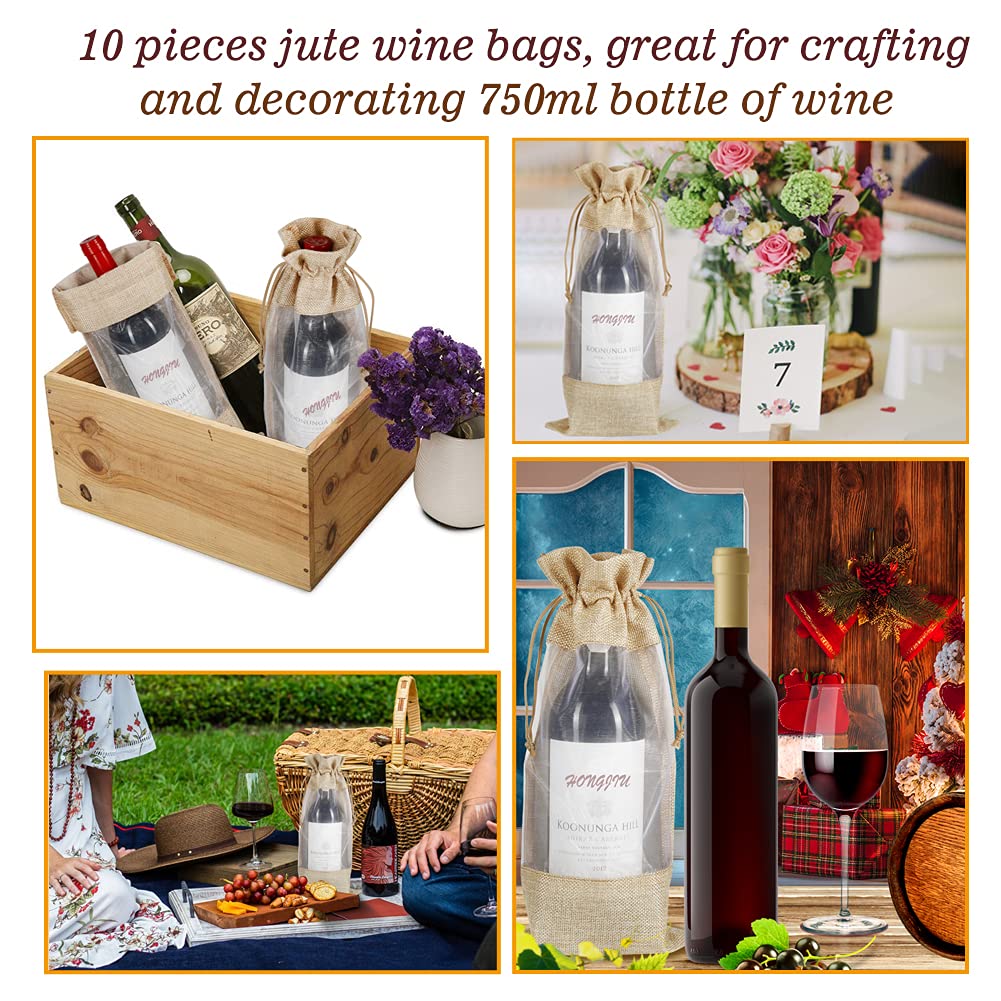 Burlap Drawstring Wine Bottle Gift Bags with Sheer Window (10 Pieces)