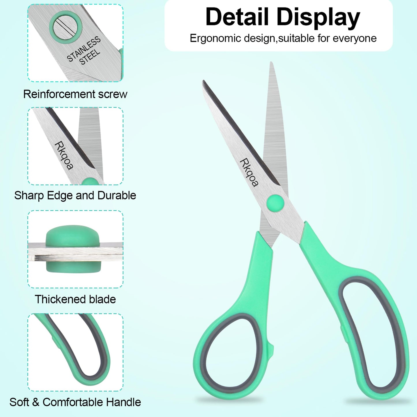 White Scissors, Rkqoa 8" All Purpose Scissors Pack of 6 - High Performance and Designed for Everyday use, Stainless Steel Scissors with Comfort Grip, Right/Left Handed