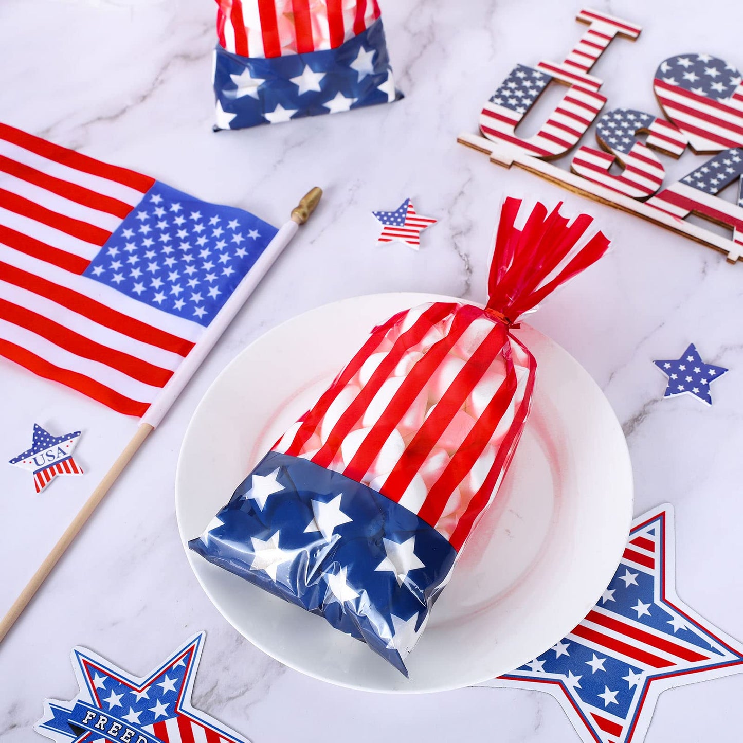 Whaline 150Pcs Patriotic Cello Candy Bags 4th of July Stars Stripes Cellophane Bags with Twist Tie American Flag Party Candy Goodie Treat Bag for Independence Day Memorial Day Party Favor Supplies