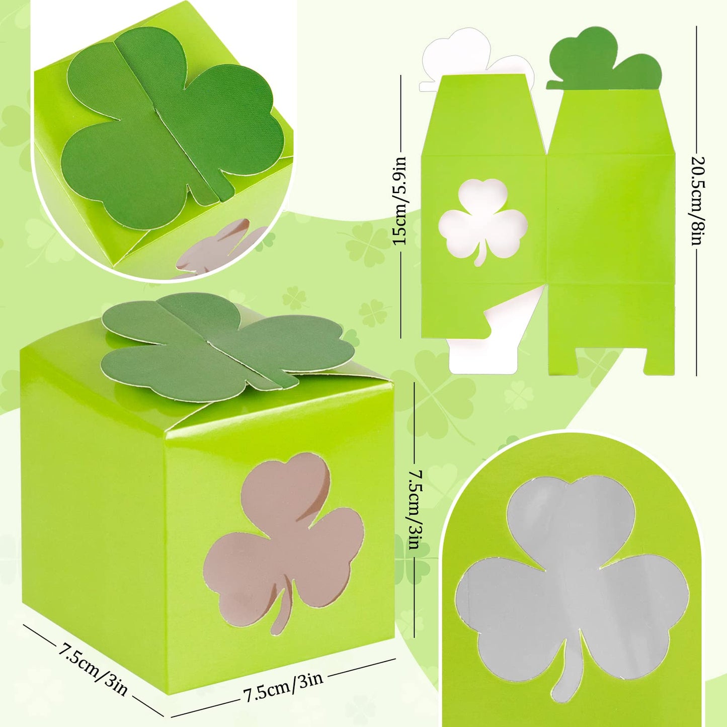 Whaline 24Pcs St. Patrick's Day Treat Boxes 3 Green Color Cardboard Box with Shamrock Shape Window for Irish Spring Goodie Cookie Candy Sweet Party Favors