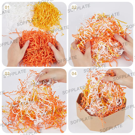 SOFPLATE 1/2 LB Fall Color Shredded Paper Filler Thanksgiving Crinkle Cut Paper Shred Filler Bulk White Orange Gold Gift Filler Paper Shreds for Gift Wrapping Packaging Basket Filling Birthday Wedding
