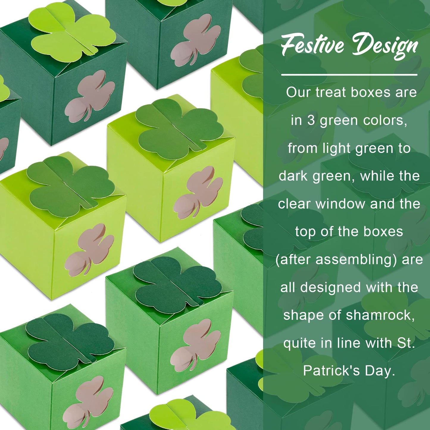 Whaline 24Pcs St. Patrick's Day Treat Boxes 3 Green Color Cardboard Box with Shamrock Shape Window for Irish Spring Goodie Cookie Candy Sweet Party Favors