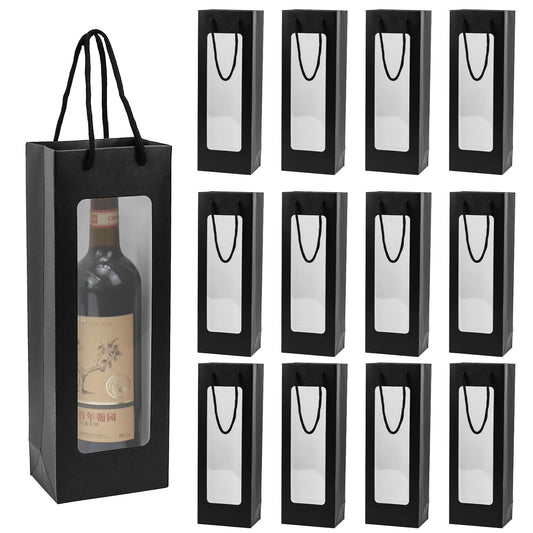 Ssyuysto 12 Pcs Black Wine Gift Bag with Window 4.9" x 3.34" x 14.1" Kraft Paper Wine Bags with Windows Flower Wrapping Bag Transparent Window Bags for Birthday Wedding Party Gift (Black)