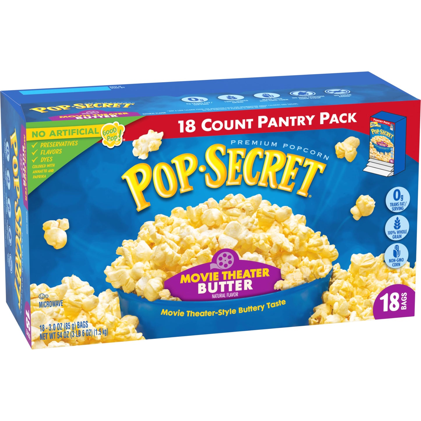 Pop Secret Popcorn, Movie Theater Butter, 3.0 Ounce Microwave Bags, 18 Count Box