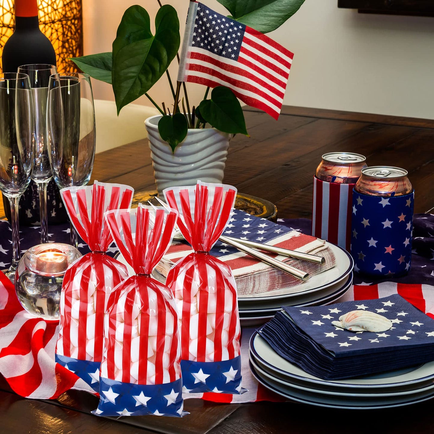 Whaline 150Pcs Patriotic Cello Candy Bags 4th of July Stars Stripes Cellophane Bags with Twist Tie American Flag Party Candy Goodie Treat Bag for Independence Day Memorial Day Party Favor Supplies