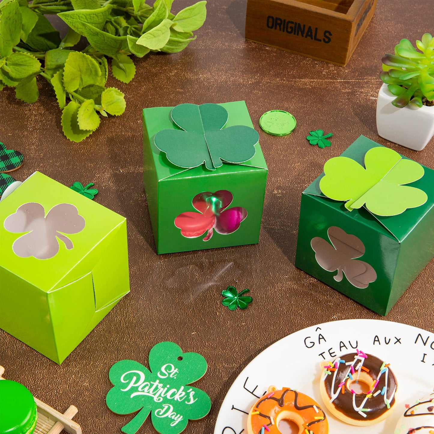 Whaline 24Pcs St. Patrick's Day Treat Boxes 3 Green Color Cardboard Box with Shamrock Shape Window for Irish Spring Goodie Cookie Candy Sweet Party Favors