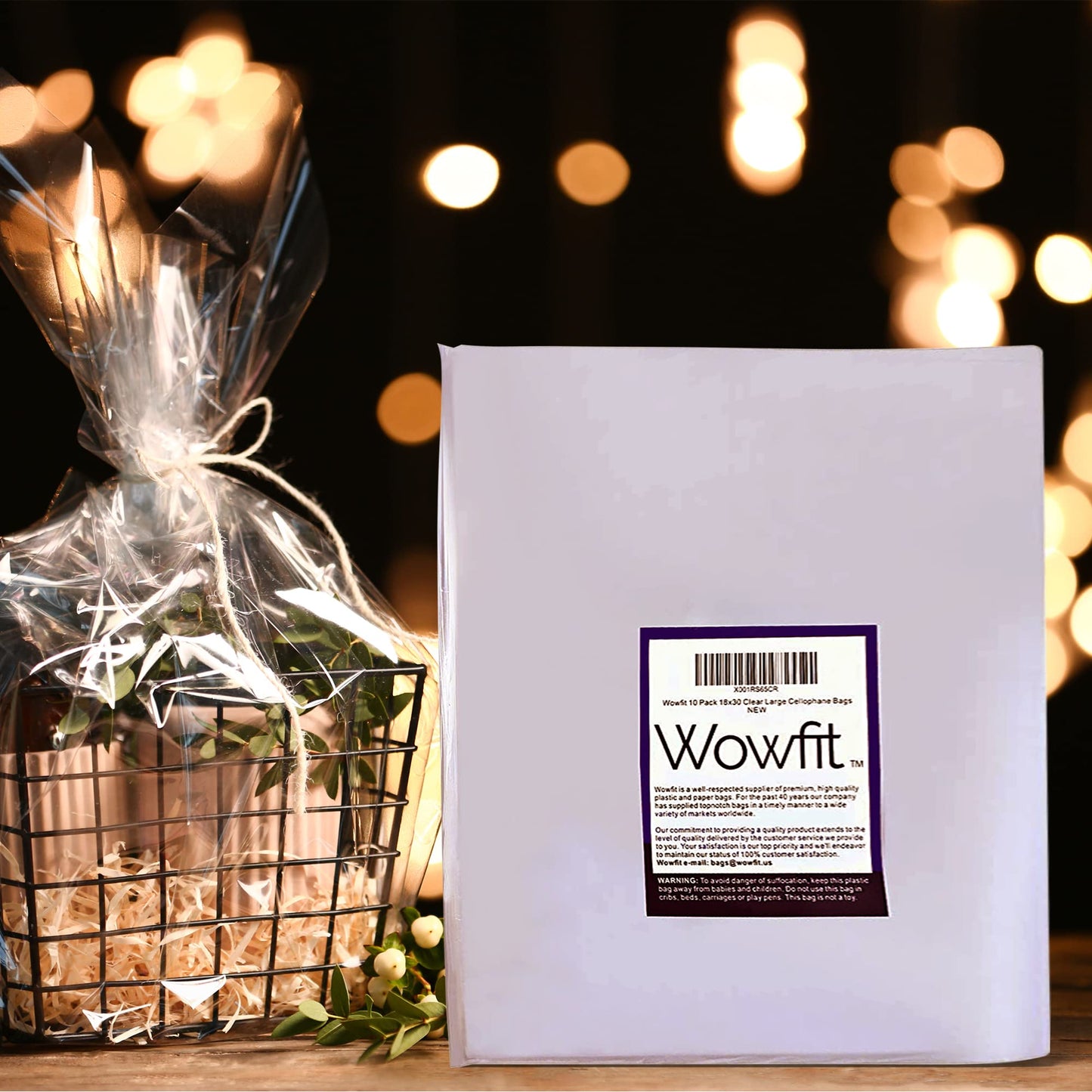 Wowfit Cello Bags,10 CT 18x30 inches Clear Cellophane Bags Perfect for Gift Baskets, Presents, Weddings, Bridal/Baby Showers and More (Flat, No Gusset, Ribbon Not included)