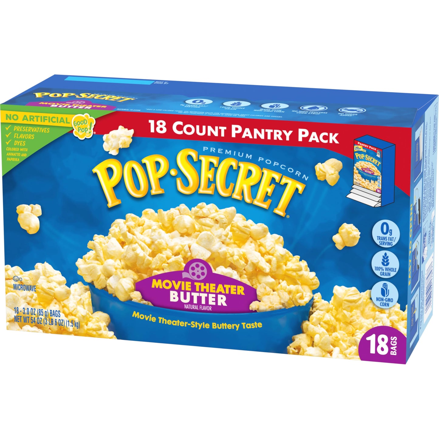 Pop Secret Popcorn, Movie Theater Butter, 3.0 Ounce Microwave Bags, 18 Count Box