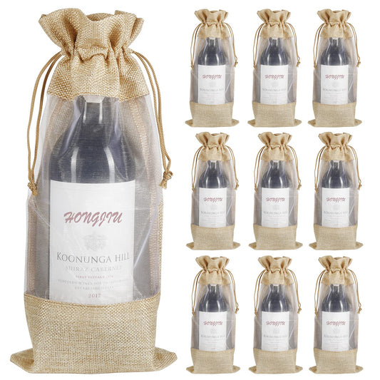 Burlap Drawstring Wine Bottle Gift Bags with Sheer Window (10 Pieces)